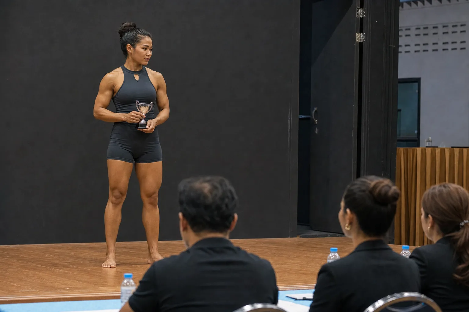 Fon on a competition stage holding a trophy after a provincial physique class