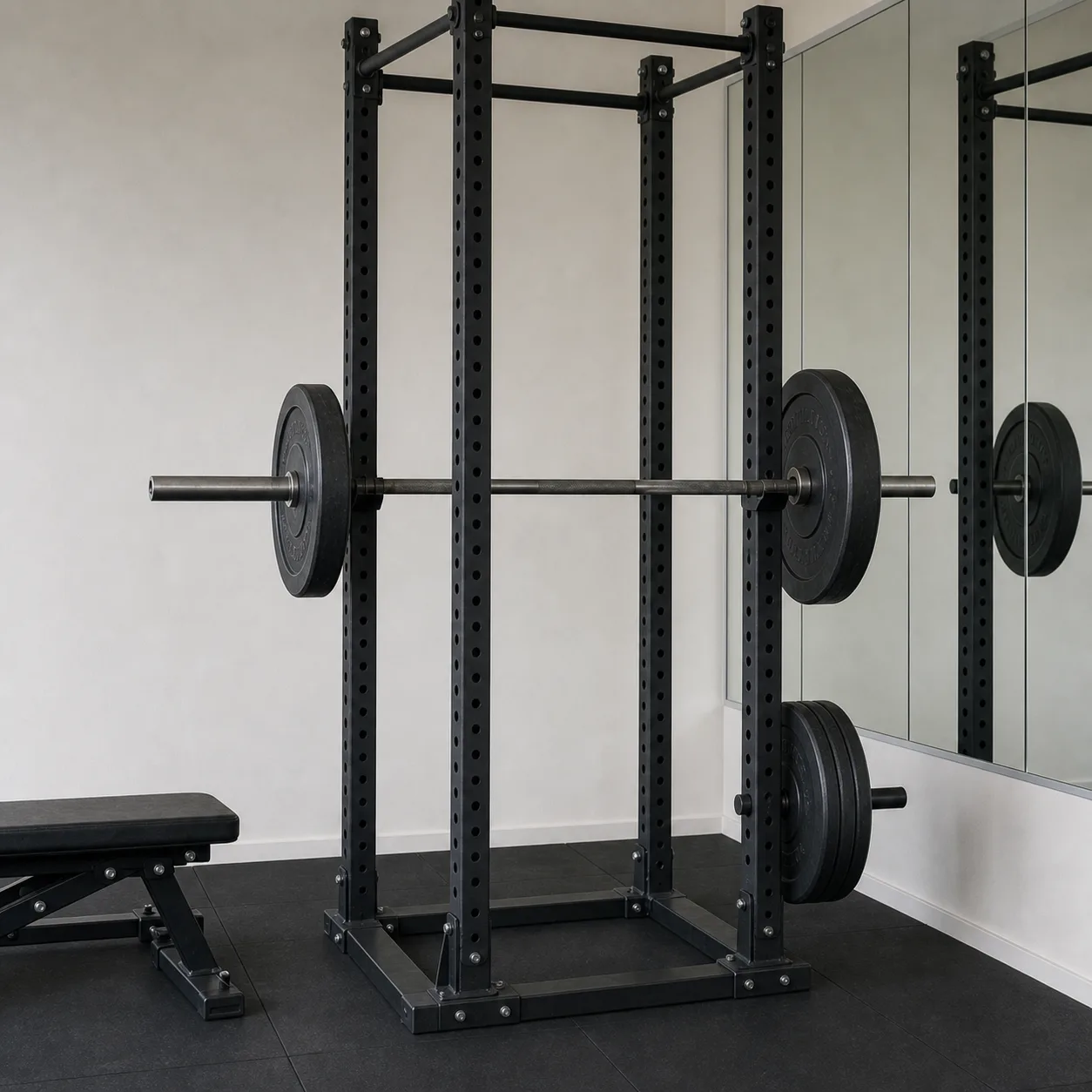 The power rack with a loaded barbell and chalk-marked knurling